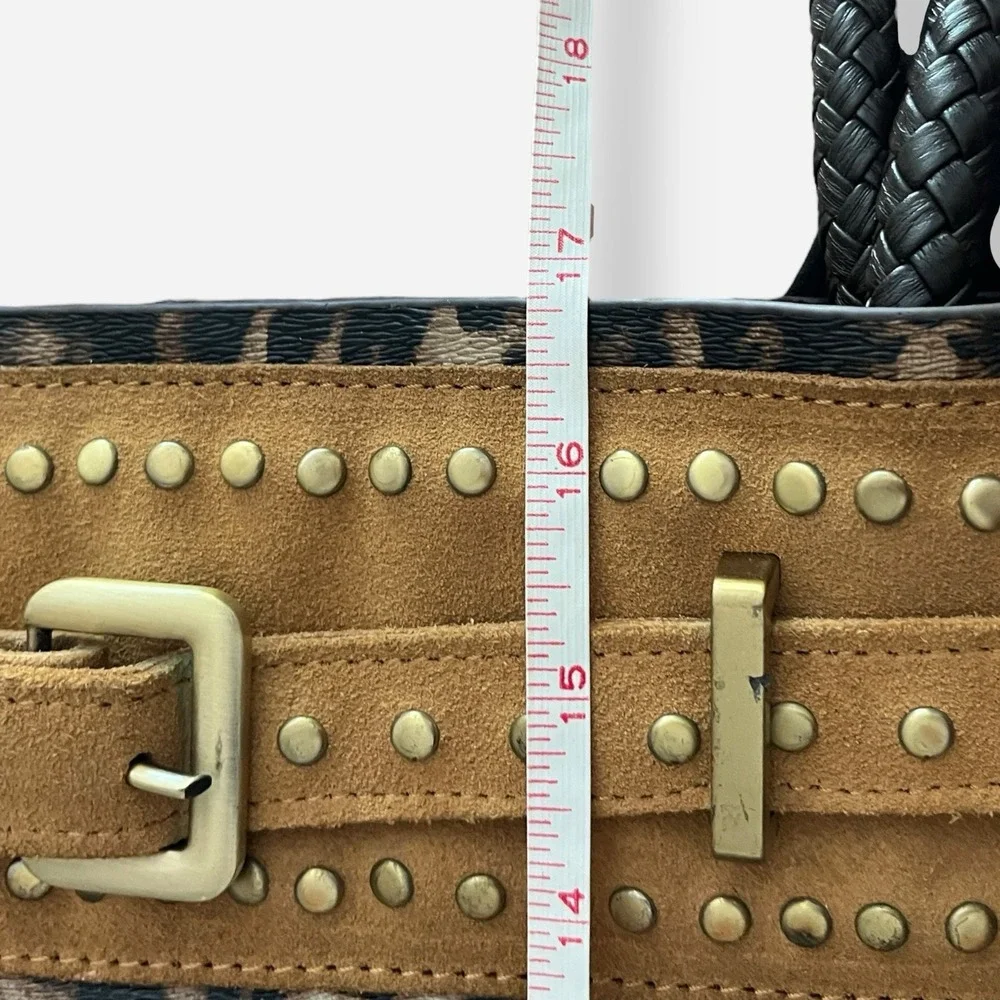 LIONEL Leopard Bag Faux Leather Suede Trim‎ Studded Braided Handles Western